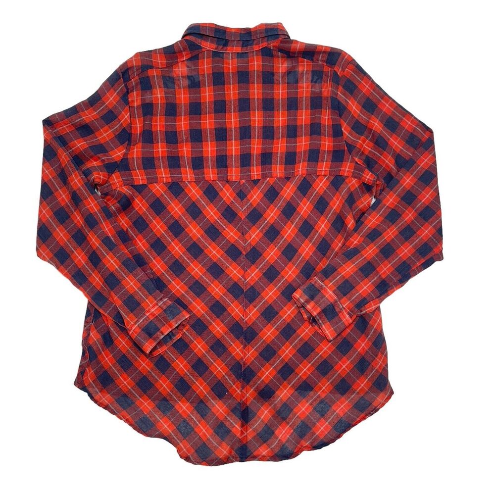 Free People Top Medium Orange Blue Plaid Snap‎ Button Front Relaxed Sheer Hi Low - Picture 2 of 10